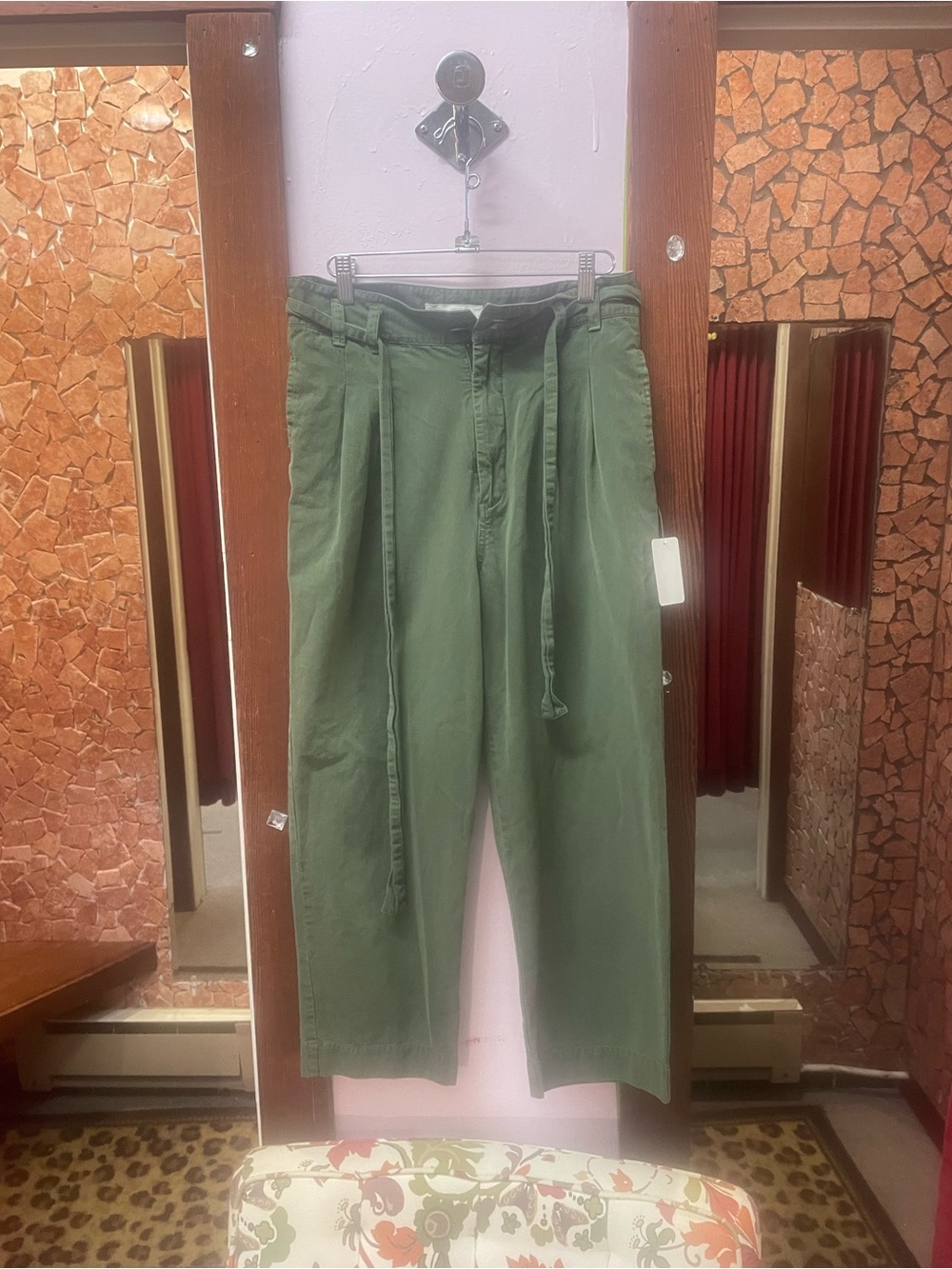THE GREAT. Olive Green High-Rise Tie-Waist Cargo Pants